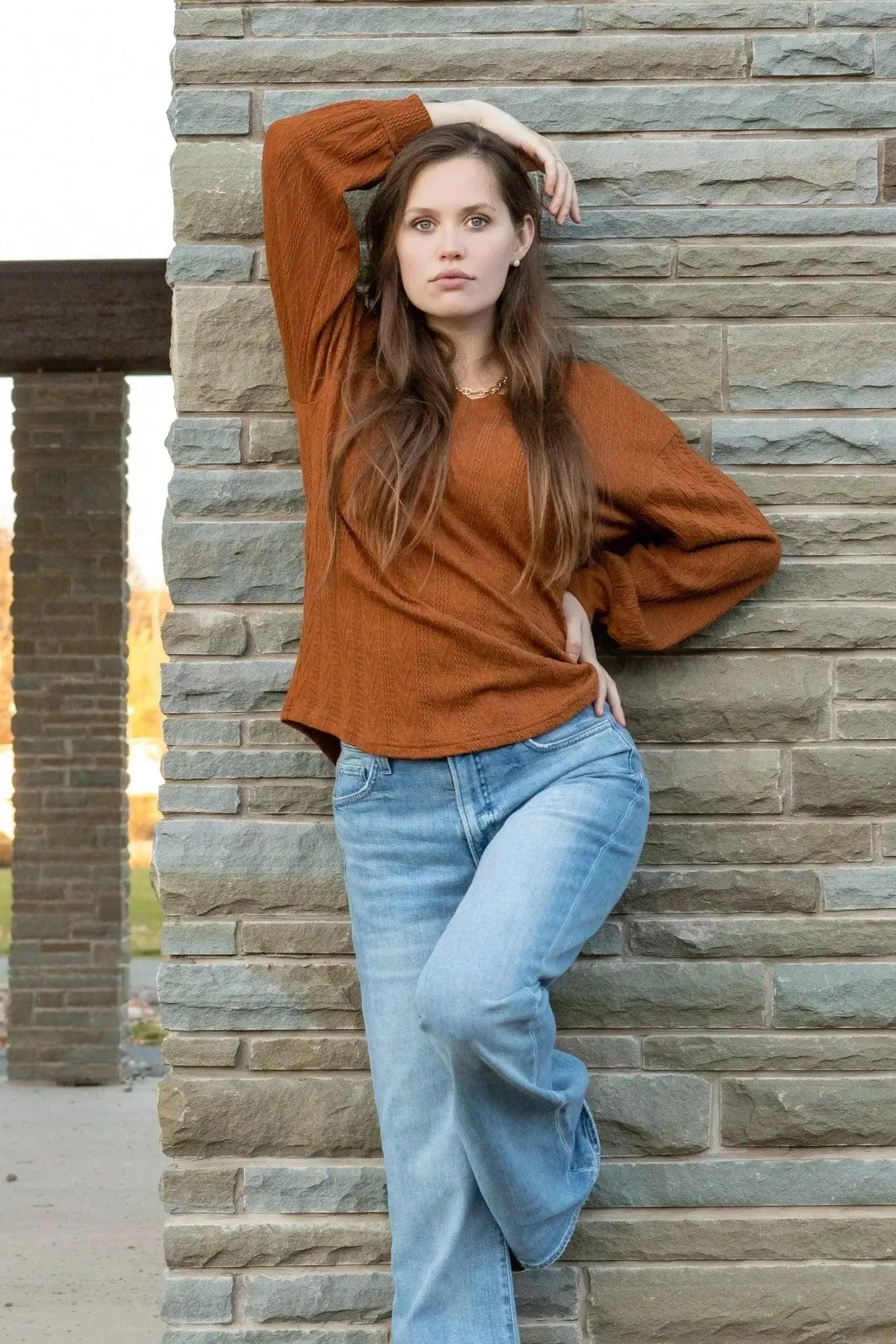 V-Neck Textured Long Sleeve Top