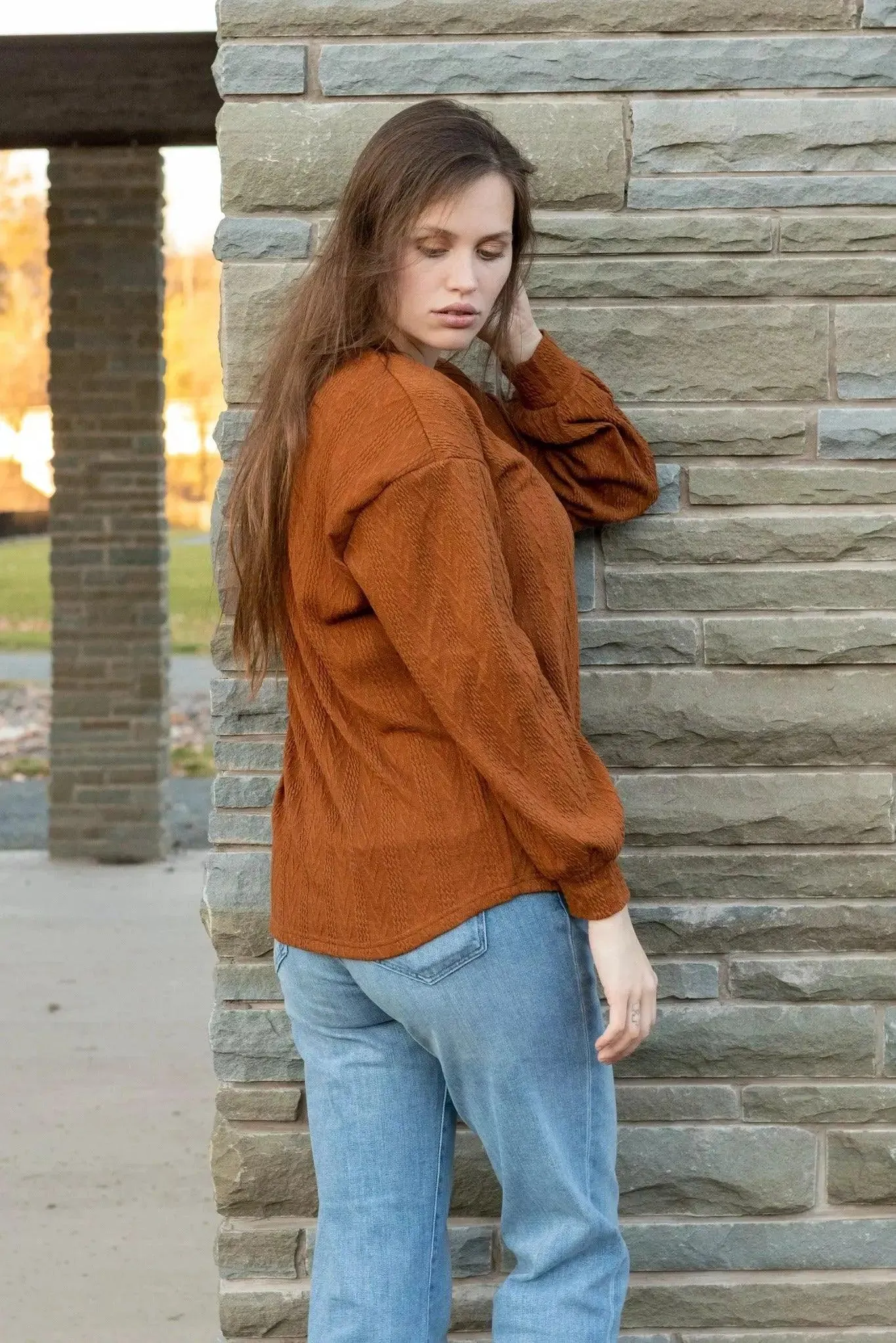 V-Neck Textured Long Sleeve Top