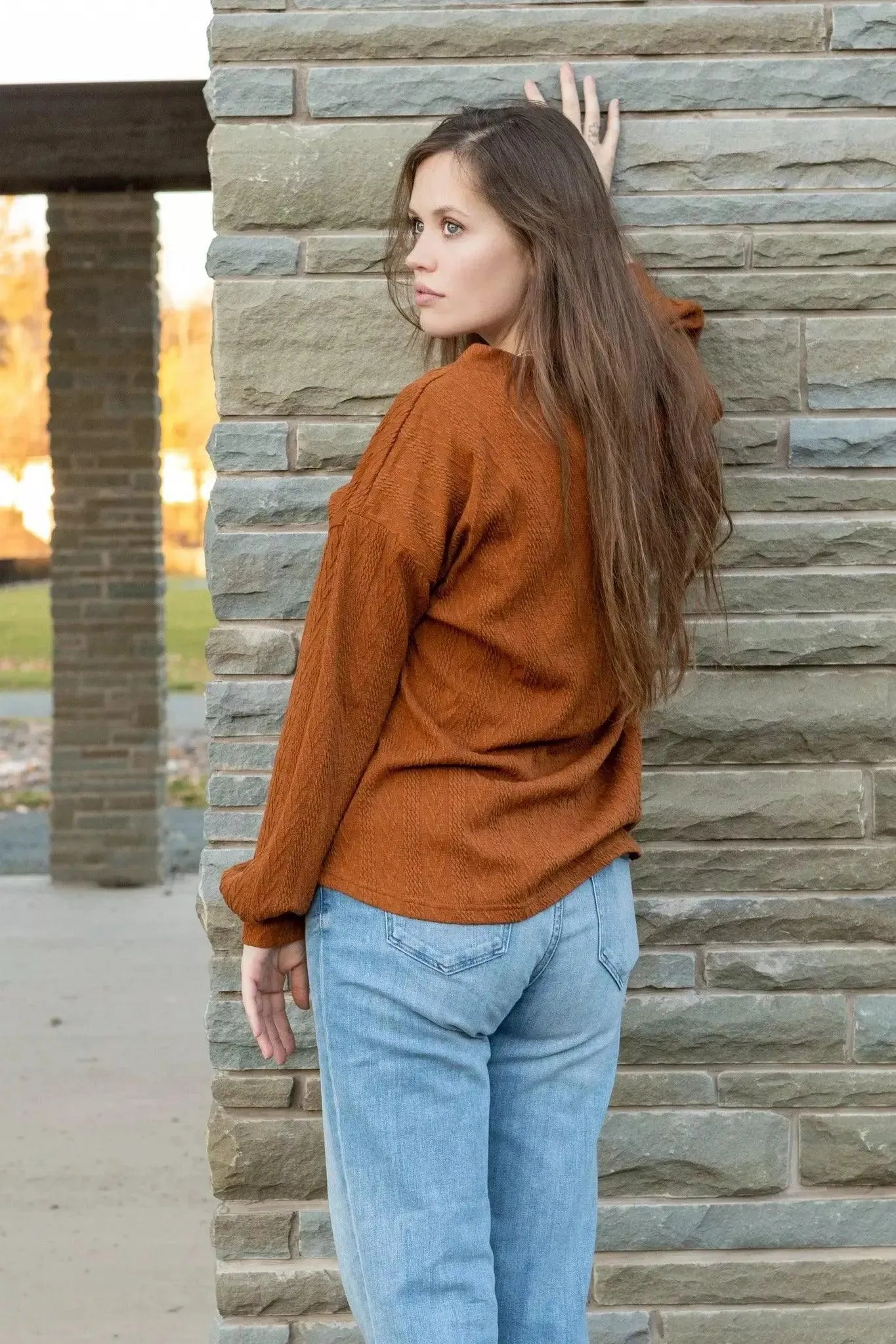 V-Neck Textured Long Sleeve Top