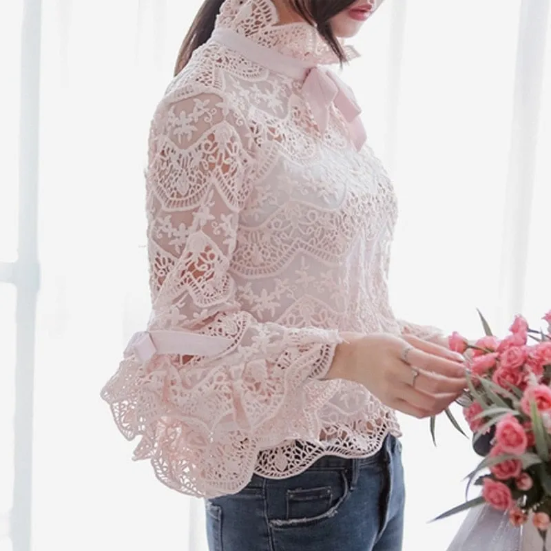 VenusFox Elegant Pink Lace Women Blouse Long Sleeve Slim Flare Sleeve