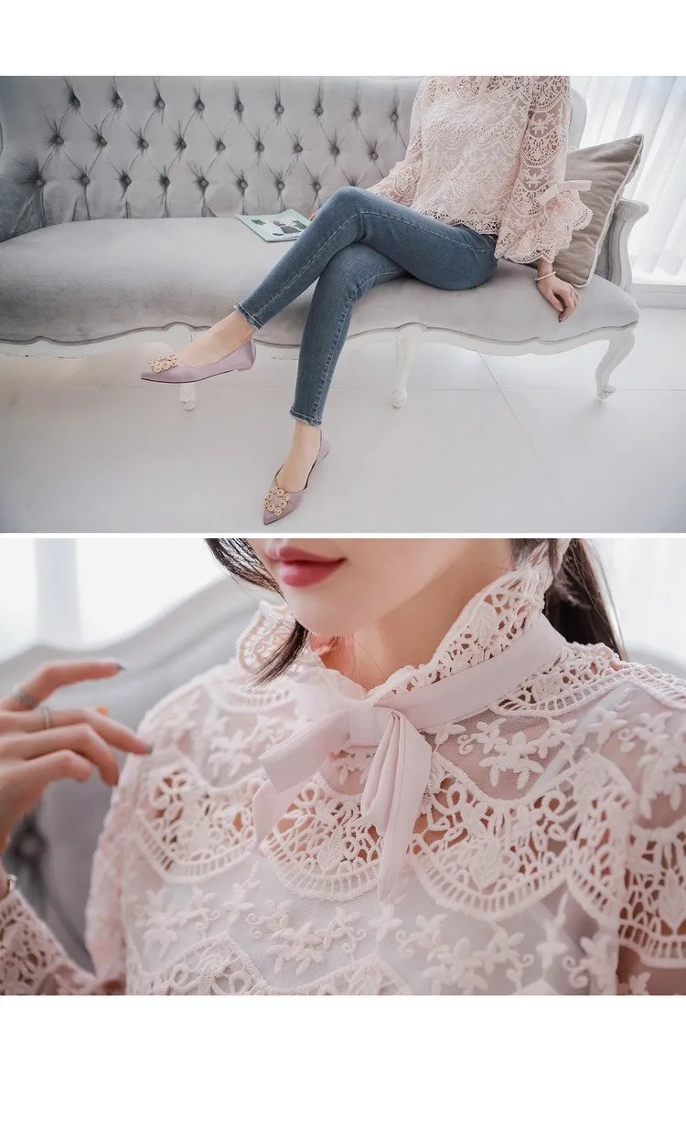 VenusFox Elegant Pink Lace Women Blouse Long Sleeve Slim Flare Sleeve