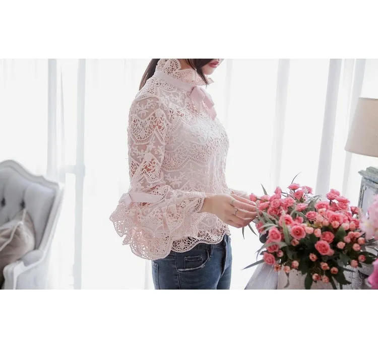 VenusFox Elegant Pink Lace Women Blouse Long Sleeve Slim Flare Sleeve