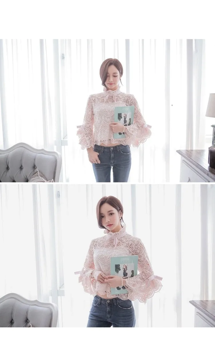 VenusFox Elegant Pink Lace Women Blouse Long Sleeve Slim Flare Sleeve