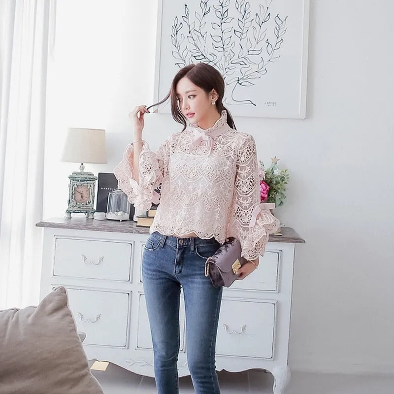 VenusFox Elegant Pink Lace Women Blouse Long Sleeve Slim Flare Sleeve