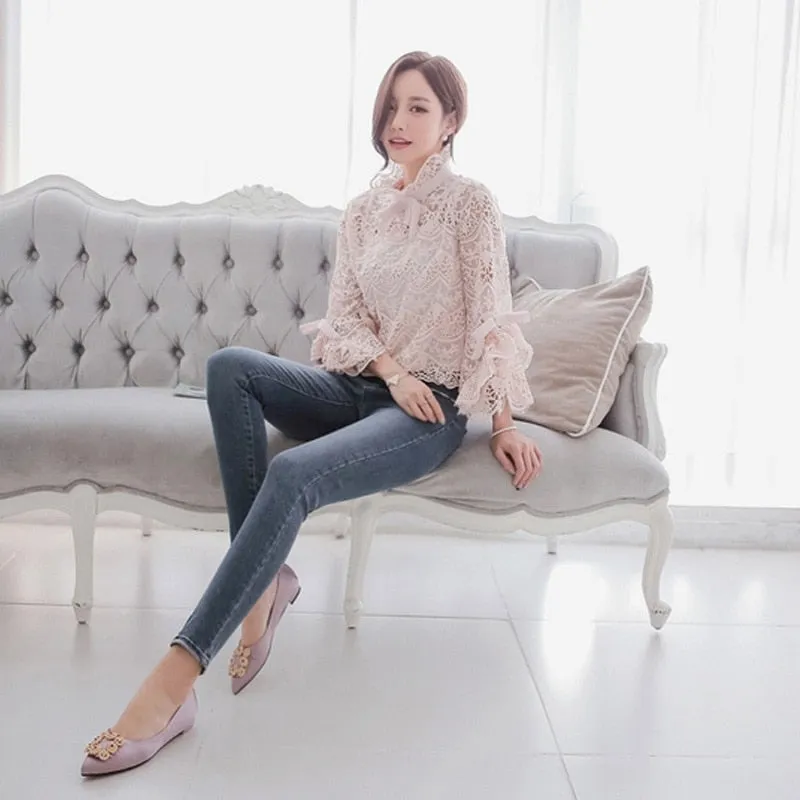 VenusFox Elegant Pink Lace Women Blouse Long Sleeve Slim Flare Sleeve