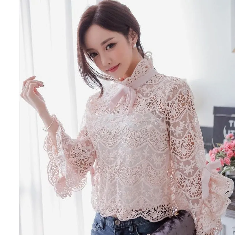 VenusFox Elegant Pink Lace Women Blouse Long Sleeve Slim Flare Sleeve