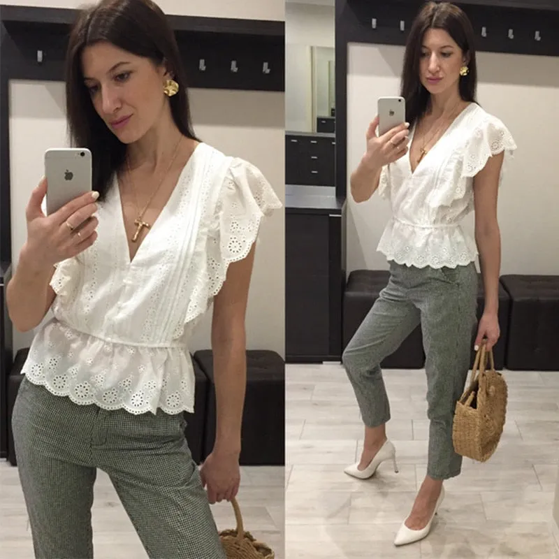 VenusFox Elegant v-neck hollow out blouse shirt