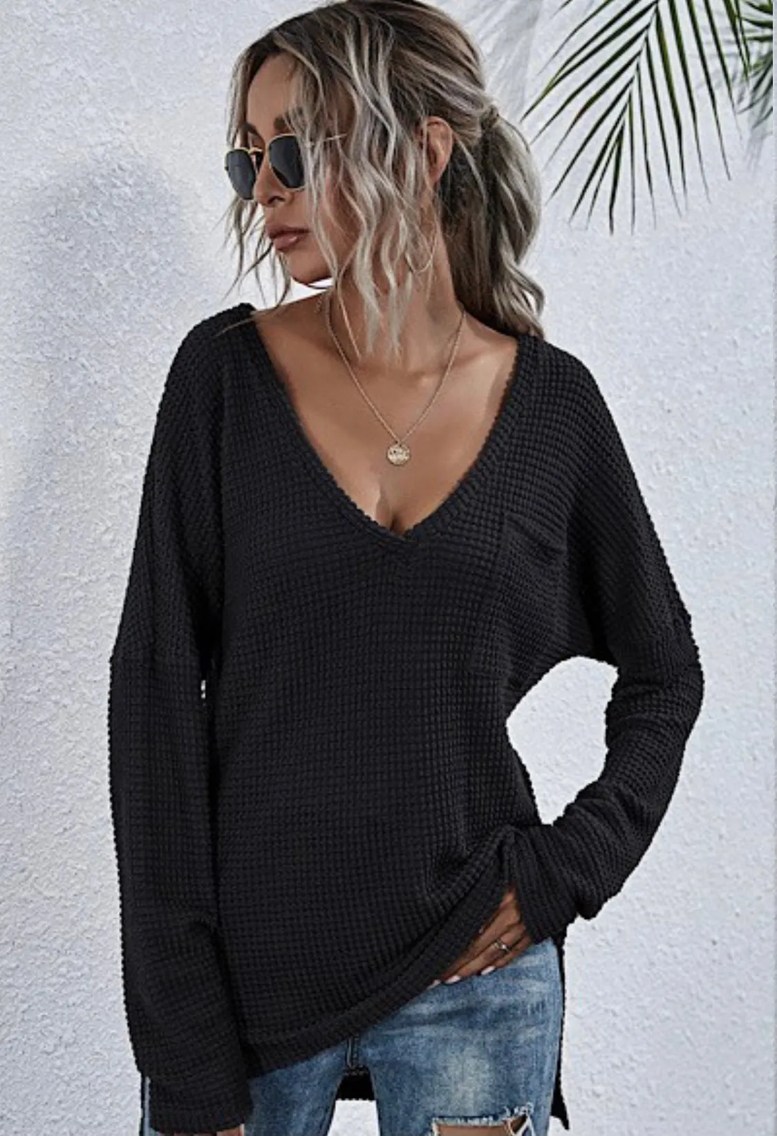 Waffle knit pocket top