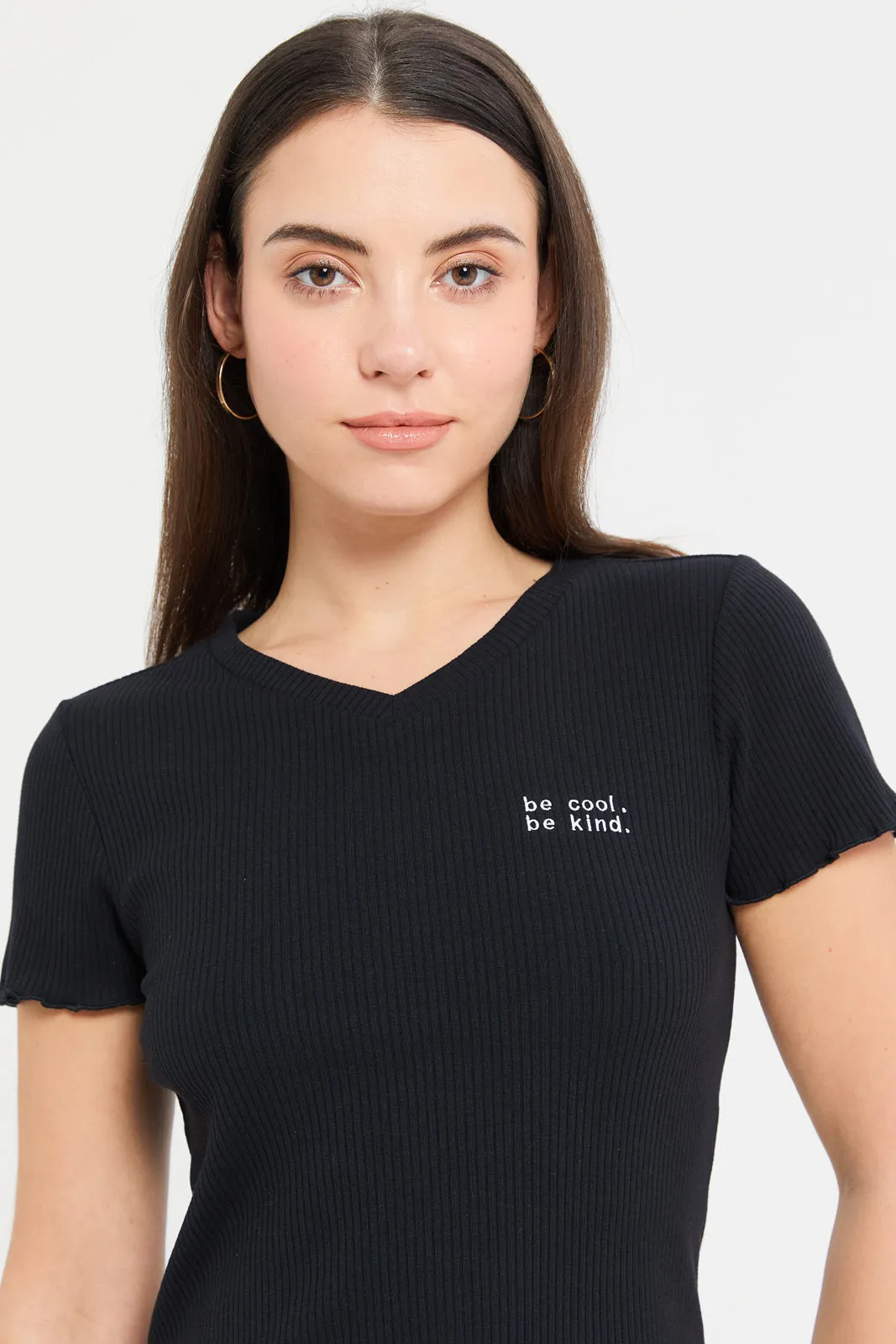 Women Black Ribbed T-Shirt