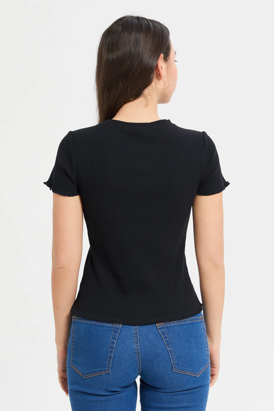 Women Black Ribbed T-Shirt