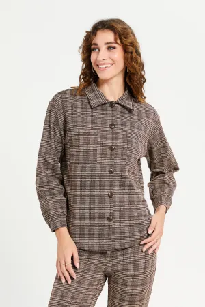 Women Brown Check Long Sleeve Shirt