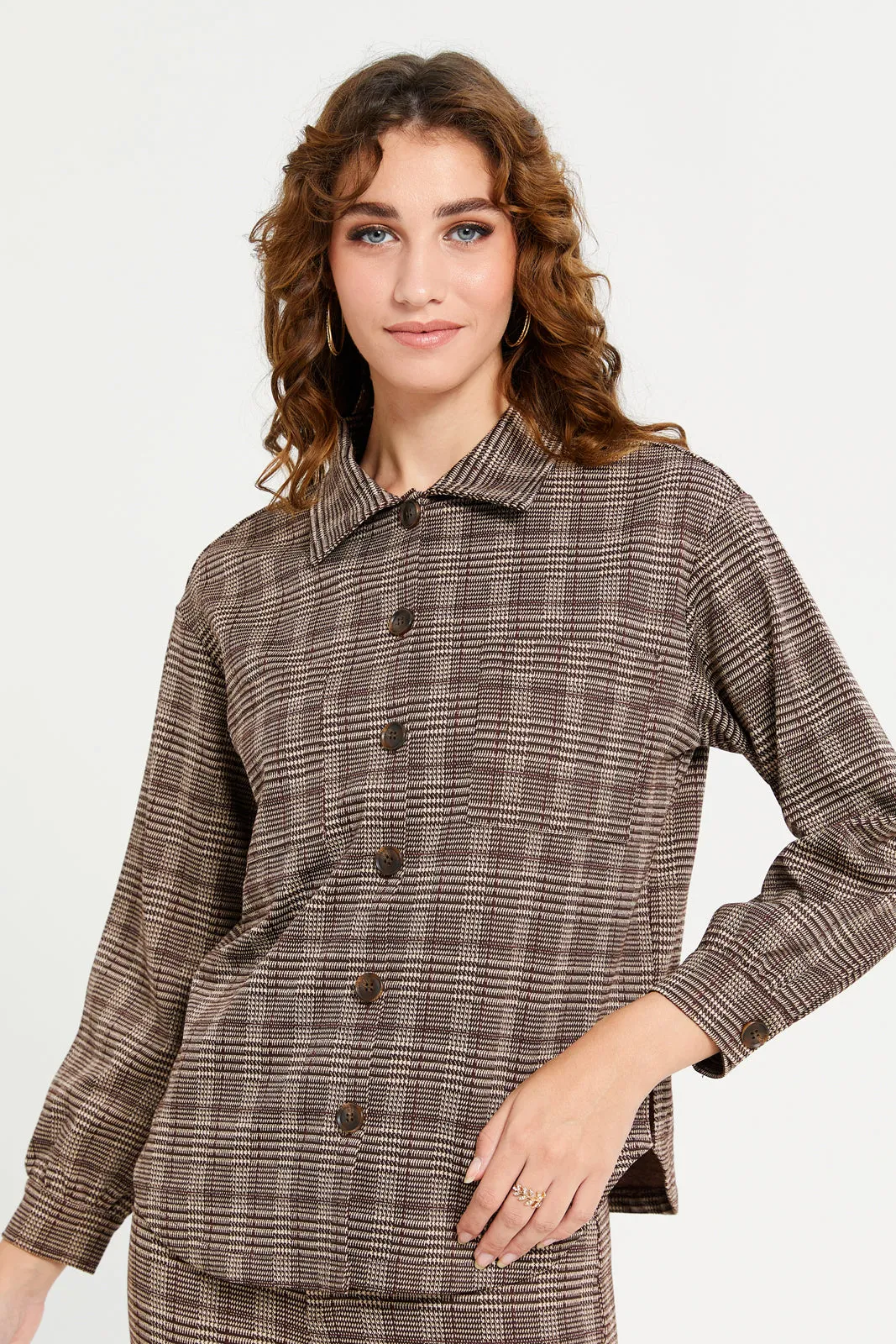 Women Brown Check Long Sleeve Shirt