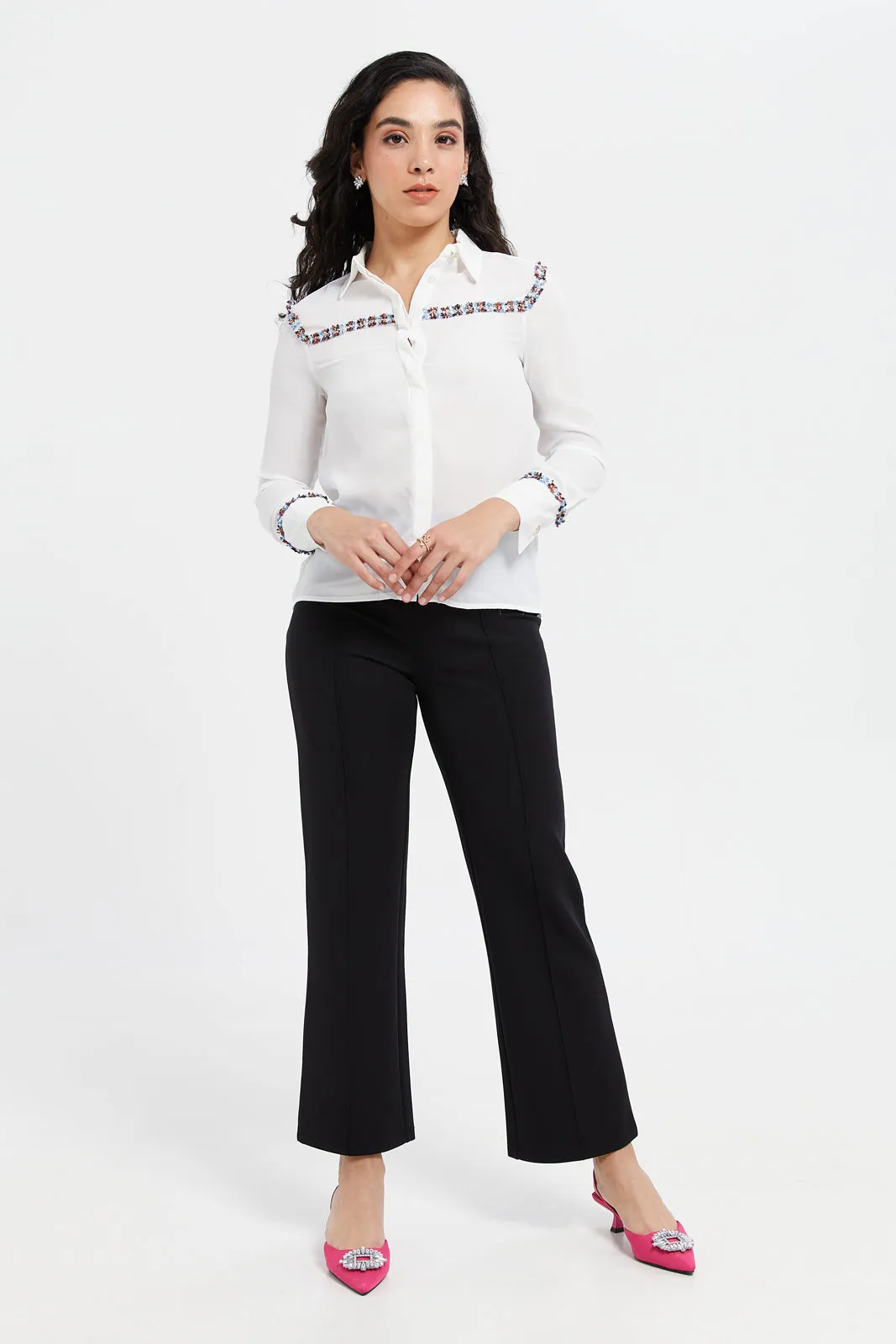 Women Ivory Embellished Detailed Shirt