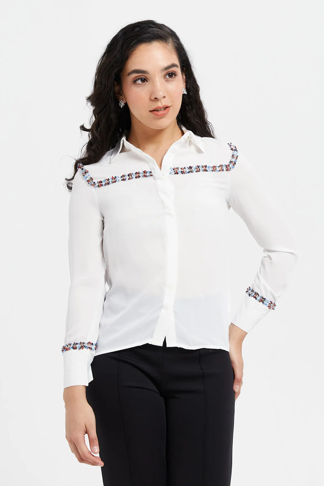 Women Ivory Embellished Detailed Shirt