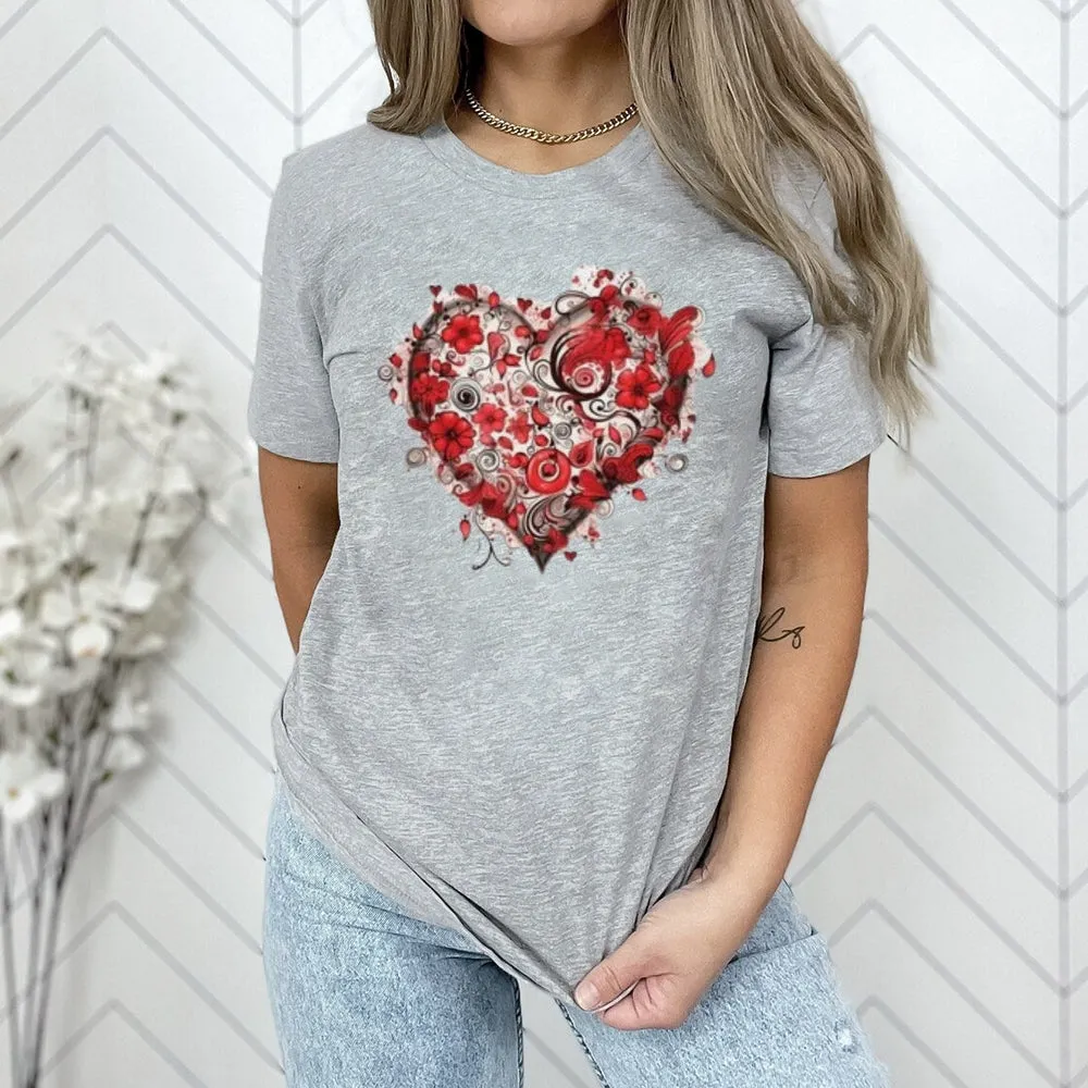 Women Love Rose Heart Valentine's Day Print Graphic T-shirt