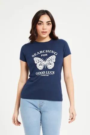 Women Navy Printed T-Shirt