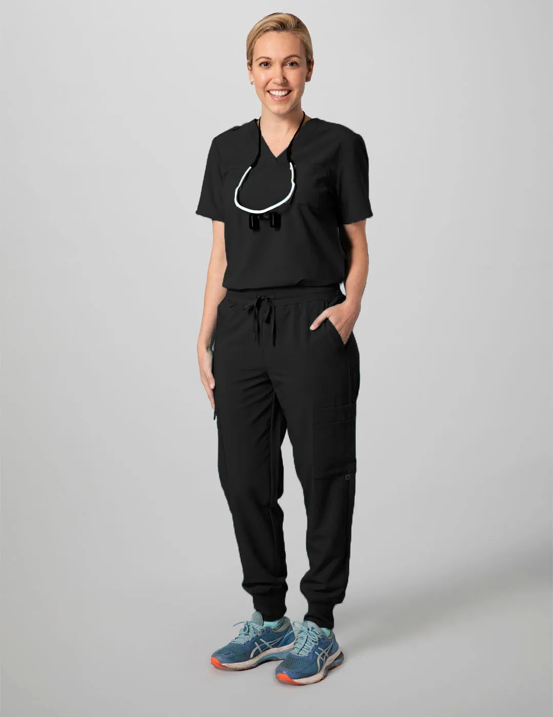 Womens 2-Pocket V-Neck Scrub Top -  Black