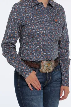 WOMEN'S BUTTON-DOWN WESTERN SHIRT - BLUE / ORANGE / CREAM