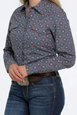 WOMEN'S BUTTON-DOWN WESTERN SHIRT - BLUE / ORANGE / CREAM