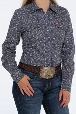 WOMEN'S BUTTON-DOWN WESTERN SHIRT - BLUE / ORANGE / CREAM