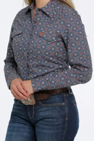 WOMEN'S BUTTON-DOWN WESTERN SHIRT - BLUE / ORANGE / CREAM