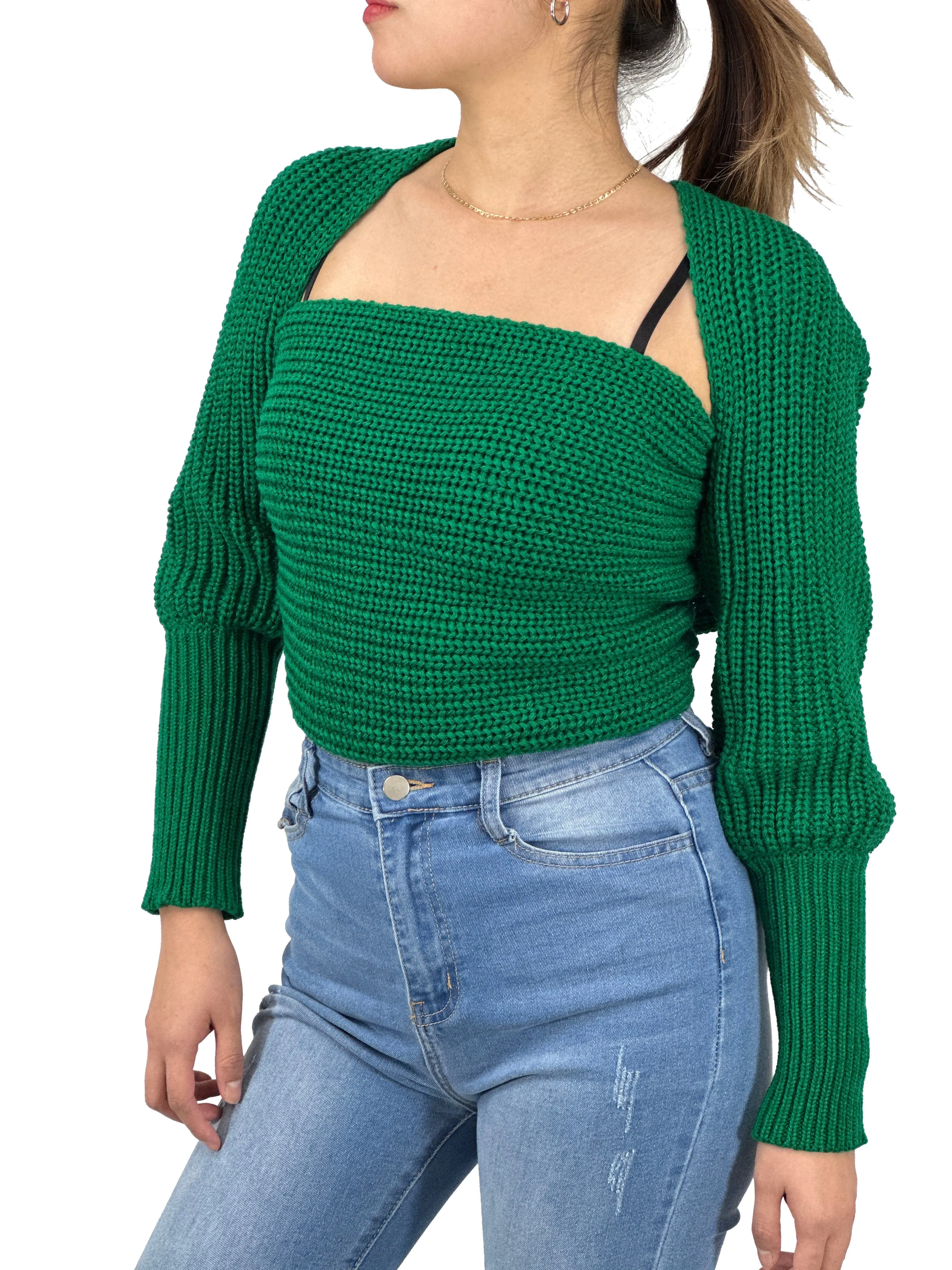 YEMAK Sexy Off The Shoulder Long Sleeve Wrap Sweater Shawl With Sleeve KC003