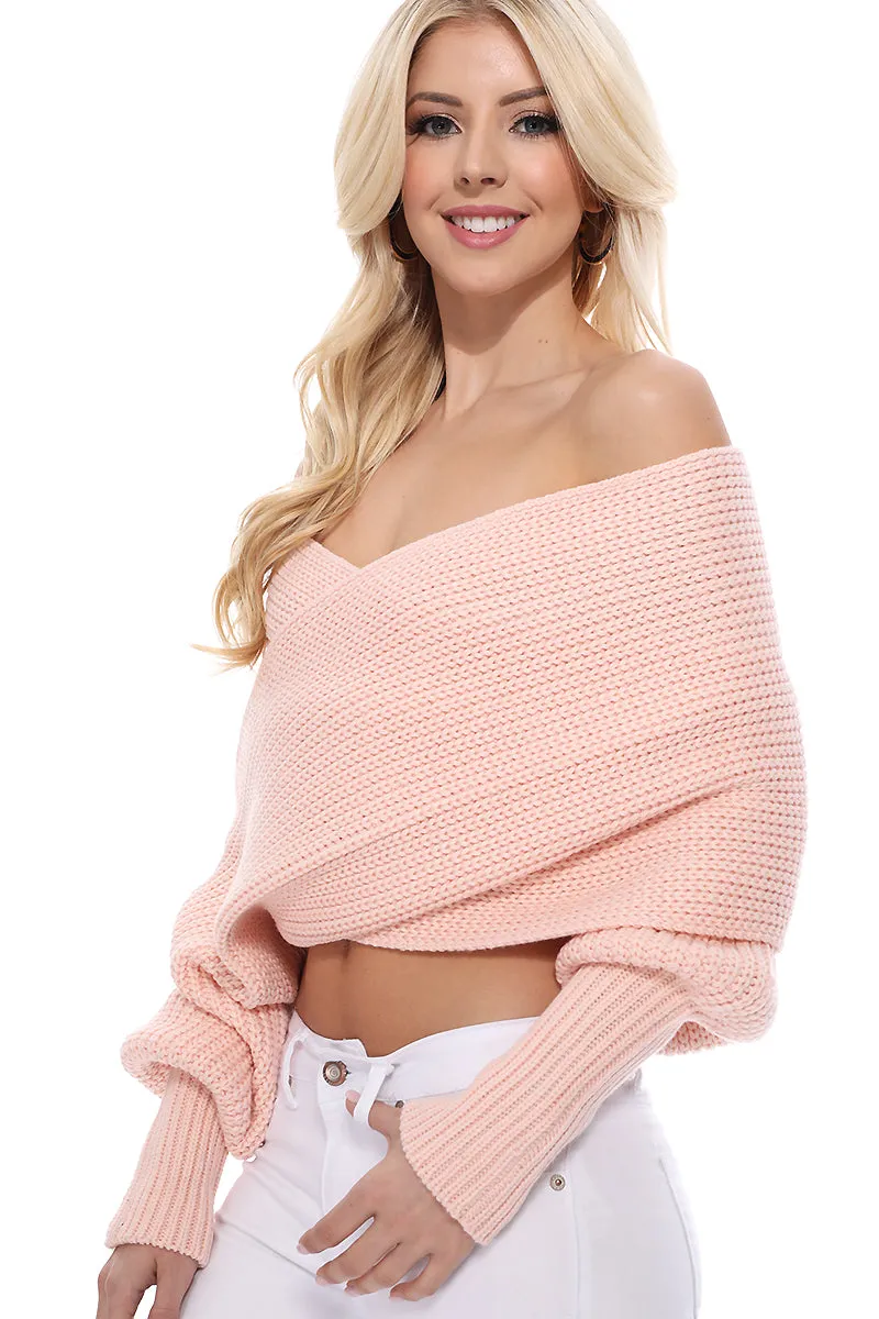 YEMAK Sexy Off The Shoulder Long Sleeve Wrap Sweater Shawl With Sleeve KC003