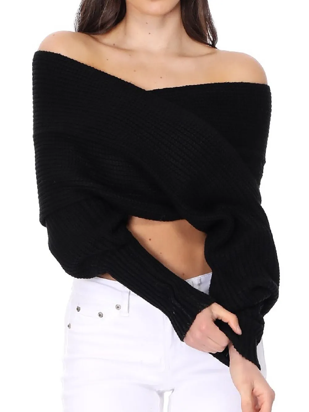 YEMAK Sexy Off The Shoulder Long Sleeve Wrap Sweater Shawl With Sleeve KC003