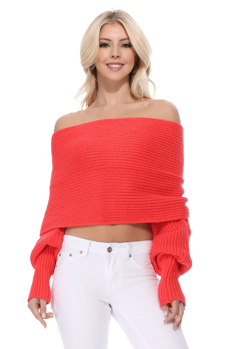 YEMAK Sexy Off The Shoulder Long Sleeve Wrap Sweater Shawl With Sleeve KC003