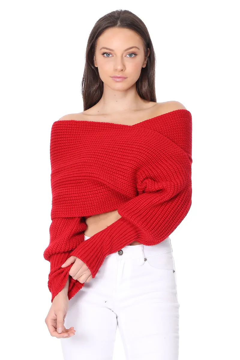 YEMAK Sexy Off The Shoulder Long Sleeve Wrap Sweater Shawl With Sleeve KC003