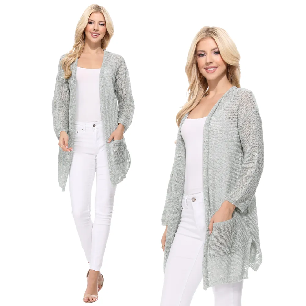 Yemak Women's Long Sleeve Knitted Open-Front Summer Sweater Cardigan with Pockets HK8072 (S/M - M/L)